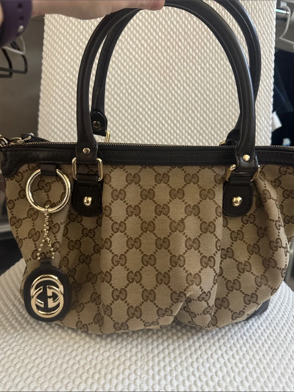 Gucci Beige Brown GG Canvas Satchel with Dark Brown Leather Trim